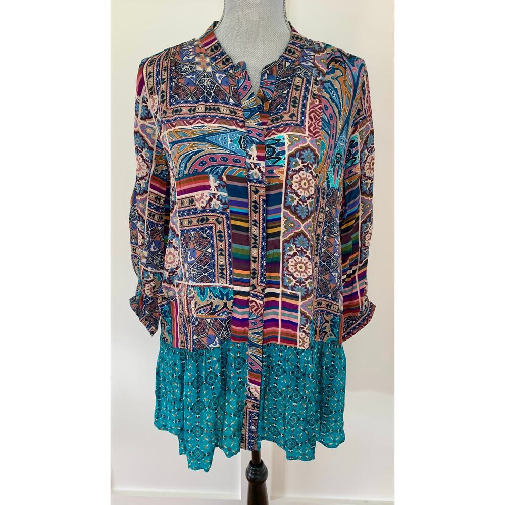 Tolani Button Down Mini Dress Colorful Geometric Size XS Long Sleeve Round Neck